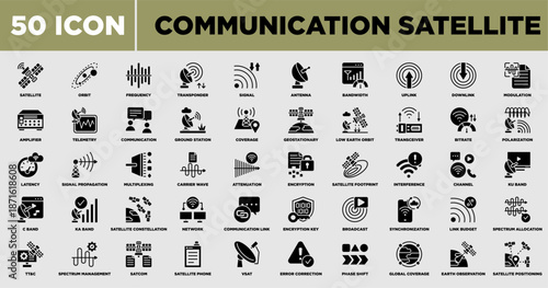 Communication Satellite Icon Set Glyph Black