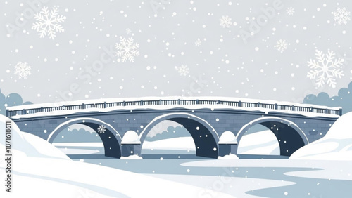 Snowy scene with a bridge over a frozen river on a cold winter day with snowfall