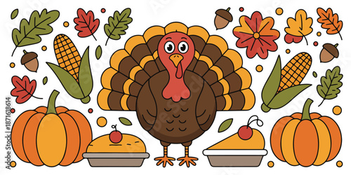 Thanksgiving line art drawing turkey surrounded by fall foliage pumpkins corn and sweet dessert pies