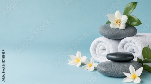 Explore the wellness and spa concept with stones, flowers, and towels against a light blue background for relaxation and comfort
