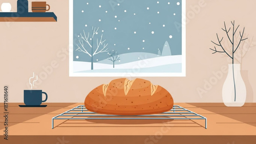 A warm loaf of bread on a cooling rack on a wooden table with a steaming cup of coffee on a saucer and a white vase with bare