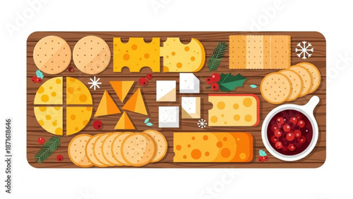 A festive holiday cheese and cracker board with assorted cheeses crackers and cranberry sauce on a wooden platter decorated