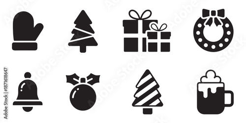 Black silhouette christmas icons set mitten tree presents wreath bell ornament and holiday mug symbol
