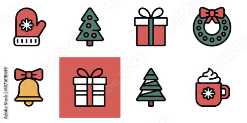 Christmas holiday icons set with mitten tree present wreath bell and hot chocolate beverage symbol