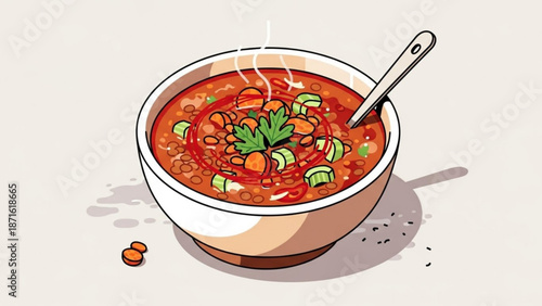 A steaming bowl of vegetable soup with a spoon inside