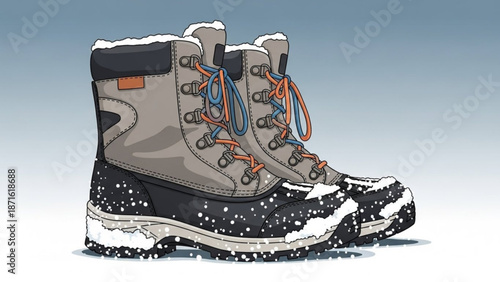 A pair of gray insulated snow boots with colorful laces and snow on the soles and top