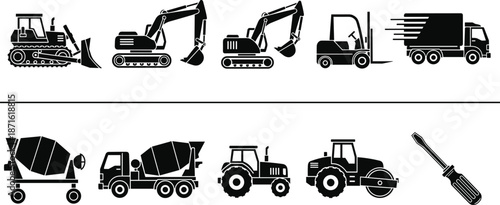 Black Construction Vehicle Silhouette Icon Set Featuring Bulldozer Excavator Forklift Delivery Truck Cement Mixer Tractor Road Roller And Manual Hand Tool