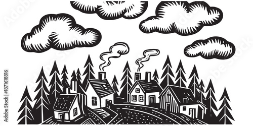 Stylized rustic village scene with houses and fluffy clouds in woodblock print graphic style