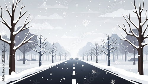 Snowy road with bare trees on both sides on a winter day with snowfall
