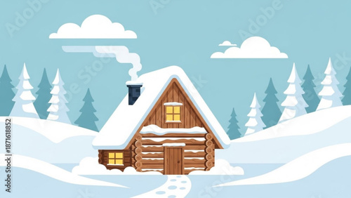 A cozy snow covered wooden cabin with smoke rising from chimney in a serene winter landscape with pine trees and snow covered