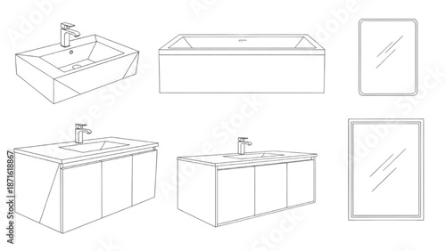 Modern Bathroom Furniture and Fixtures Collection Outline Vector Illustrations for Interior Design Projects