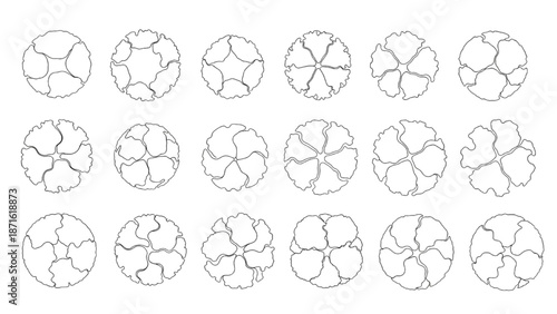 Diverse outline tree symbols for architectural landscape plans. Top-view vector collection for urban design