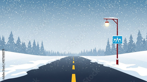 Snowy road with streetlight and hiking sign in winter landscape