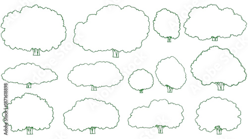 Diverse green tree outlines vector collection, perfect for architectural drawings, landscape designs, and graphic art projects