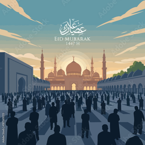 Eid Mubarak celebration at a grand mosque with a large gathering of people.