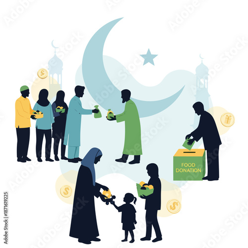 Charity and Donation during Ramadan with Crescent Moon.