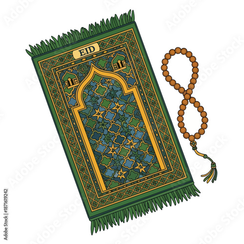 Islamic prayer mat and rosary beads for Eid celebration.