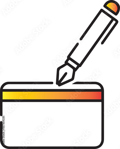 A minimalist vector icon of a fountain pen signing a credit card with an orange-yellow gradient magnetic stripe, symbolizing card activation, authorization, or legal financial agreement.