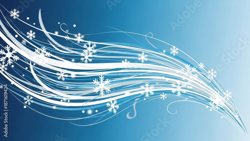 Ethereal winter background with swirling white snowflakes and lines on a gradient blue