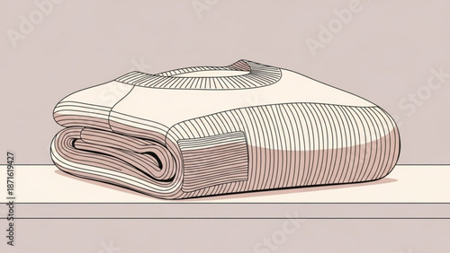 A detailed illustration of a neatly rolled up blanket with a striped pattern on a flat surface against a soft pink background