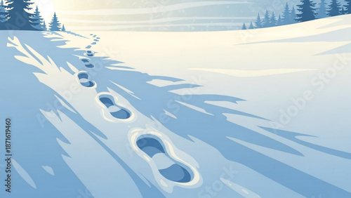 Snowy landscape with footprints in the snow leading through a serene winter wonderland scene