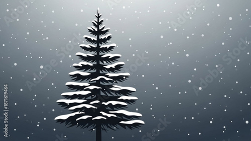 Snow covered evergreen tree silhouette against dark gradient background with falling snowflakes illustration