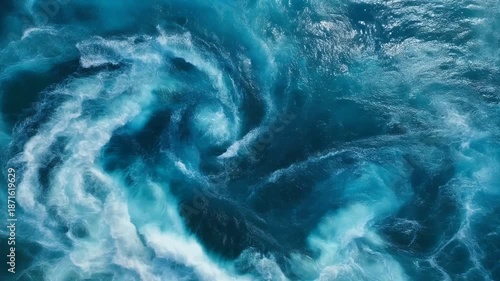 Aerial View of Swirling Deep Blue Ocean Waves and White Sea Foam