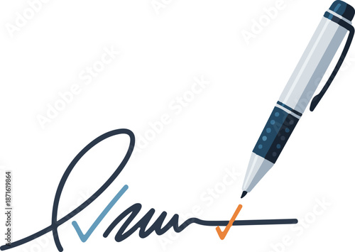 A professional vector illustration featuring a sleek ballpoint pen completing a cursive signature, accented by small blue and orange checkmarks to symbolize a signed agreement or contract.