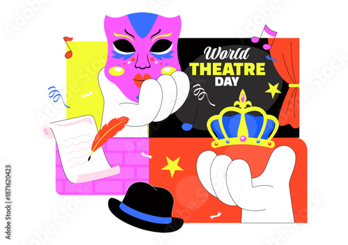 World Theatre Day Vector Illustration Featuring Comedy And Tragedy Masks, Red Curtains, Plus Elements Celebrating Performing Arts And Entertainment