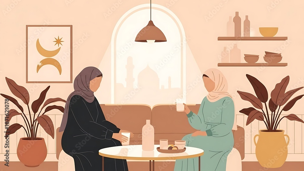 Fototapeta premium Two Muslim Women Enjoying Coffee and Conversation in a Cozy Cafe.