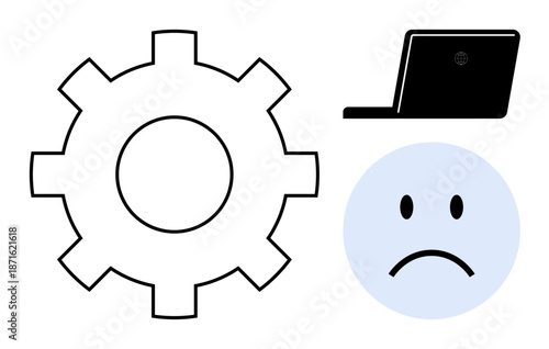 Technology problems. A gear, laptop icon, and sad face technology problems, troubleshooting challenges, and software issues. For IT support, user experience, error resolution productivity