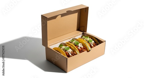 Delicious, freshly prepared tacos in a convenient cardboard takeaway box, perfect for a quick meal or sharing