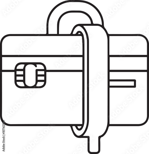 Minimalist line art icon of a credit card secured with a padlock, symbolizing financial safety, digital payment security, and data protection.