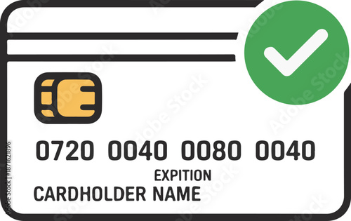 A detailed vector icon of a credit card featuring a gold chip, cardholder name, and a green circular checkmark badge, symbolizing successful payment, verified identity, or card approval.