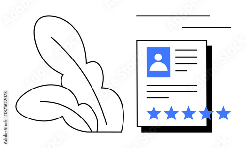 Profile with user avatar, personal details, and star rating next to abstract leaf graphics. Ideal for user experience, online reviews, personal branding, recruitment, rating systems, digital