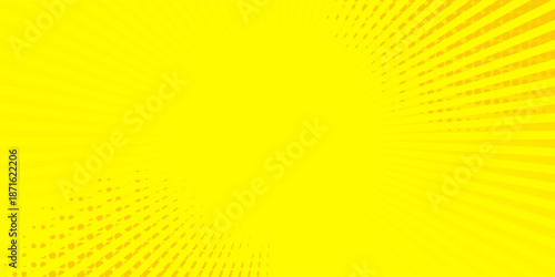 Abstract yellow comic background with sun burst and dot halftone. modern design art