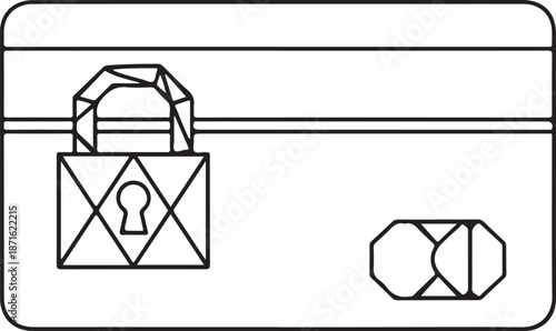 Geometric line art vector of a credit card with a locked, low-poly style padlock, representing advanced digital encryption, cybersecurity, and protected financial transactions.