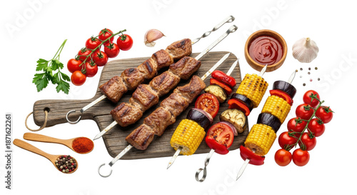 Charred meat and veggie kebabs, juicy, on rustic wooden board with dipping sauce, spices, herbs, against white background with copy space, appetizing barbecue concept