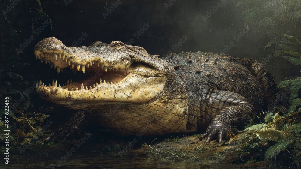 Obraz premium Close-up of a fearsome crocodile with mouth open, showing sharp teeth, in a dark, humid jungle environment with lush green foliage.