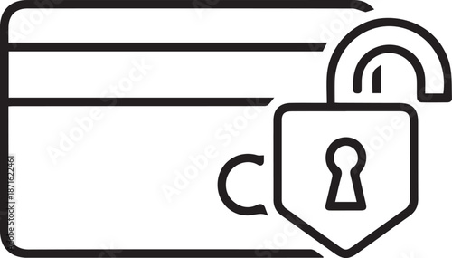 Minimalist line art vector featuring a credit card with an unlocked padlock, symbolizing accessible credit, card activation, or a potential security vulnerability in banking.