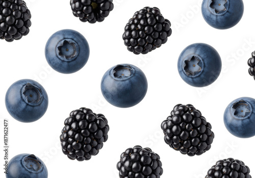 Perfectly ripe blueberries and blackberries suspended in mid-air against a transparent background, showcasing intricate textures and vibrant natural colors in photorealistic macro detail, concept