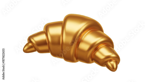 A gleaming, golden croissant, rendered in a realistic 3D style, isolated on a pure white background.