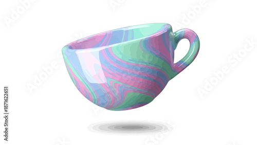 A whimsical, pastel-colored ceramic mug with a swirling marbled pattern of pink, blue, and green, casting a subtle shadow below.