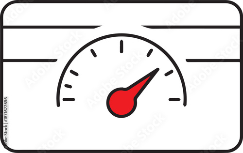 A minimalist vector icon of a credit card featuring a speedometer or gauge with a red needle pointing to the right, illustrating a credit limit, high score, or financial measurement.