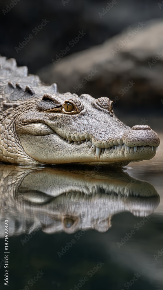 Fototapeta premium Close-up of a crocodile's head with sharp teeth, emerging from calm water with reflection
