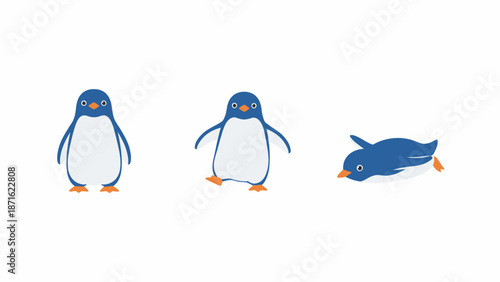 Cute Cartoon Penguin Poses Set: Standing, Waddling, and Sliding Animal Mascot Vector Illustration on White Background