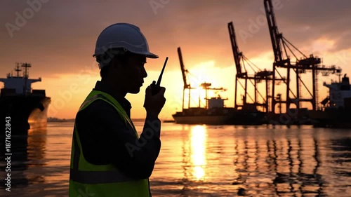 Silhouette of port worker using two-way radio for vital communication in a cargo shipping terminal at sunset. Emphasizes safety, logistics, supply chain, and efficient global transport operations.
