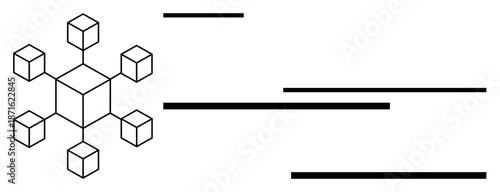 Cube structure forming a network with interconnected lines. Ideal for blockchain, data sharing, technology, connectivity, decentralization, digital infrastructure, and abstract systems. Minimalist