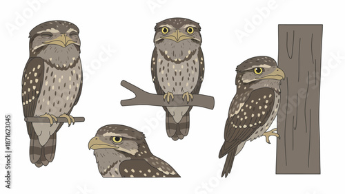Four Spotted Owlet Illustrations Set. Cute Cartoon Nocturnal Bird Collection in Various Poses on a Branch and Log.