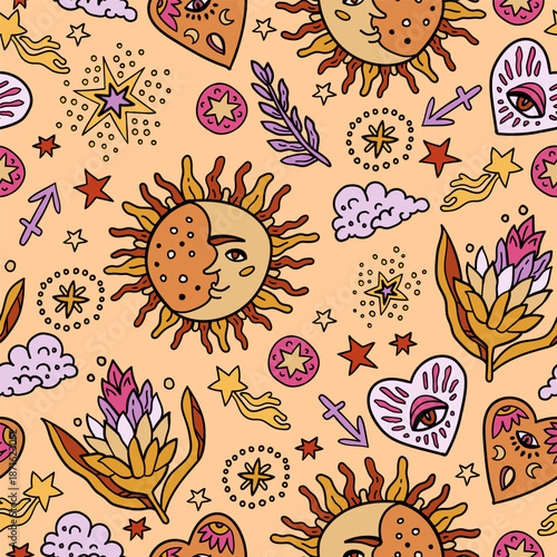 A cosmic fantasy backdrop for teenagers and small children. Fun zodiac and tarot cards. Fortune telling and magic. Space and stars seamless pattern with astrology. The Sun, the Moon and the Stars